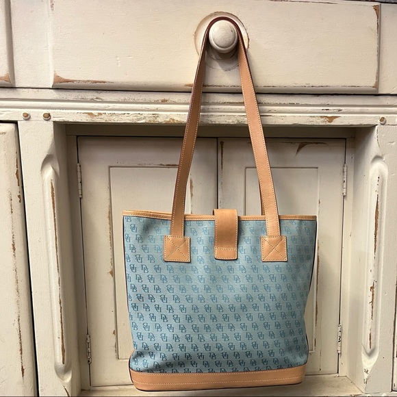 Dooney and Bourke Light Blue and Tan Leather Monogram Tote with Matching Wallet - Picture 2 of 5
